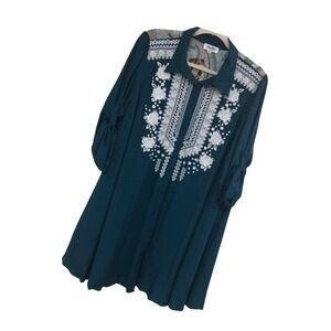 NWT Angel Heart Boutique Embroidered Tunic Dress Boho Cottage Teal Womens 1X